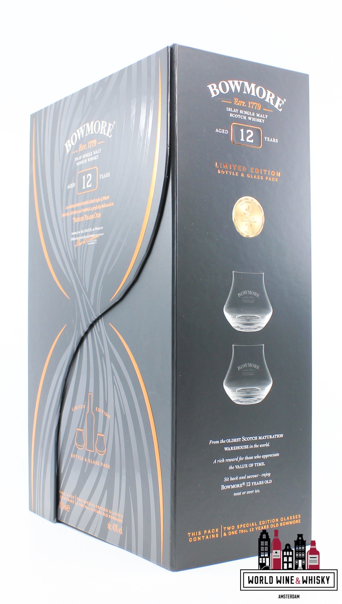 Bowmore 12 Years Old - Giftpack / Giftbox incl. two special edition glasses 40% - WORLD WINE WHISKY 
