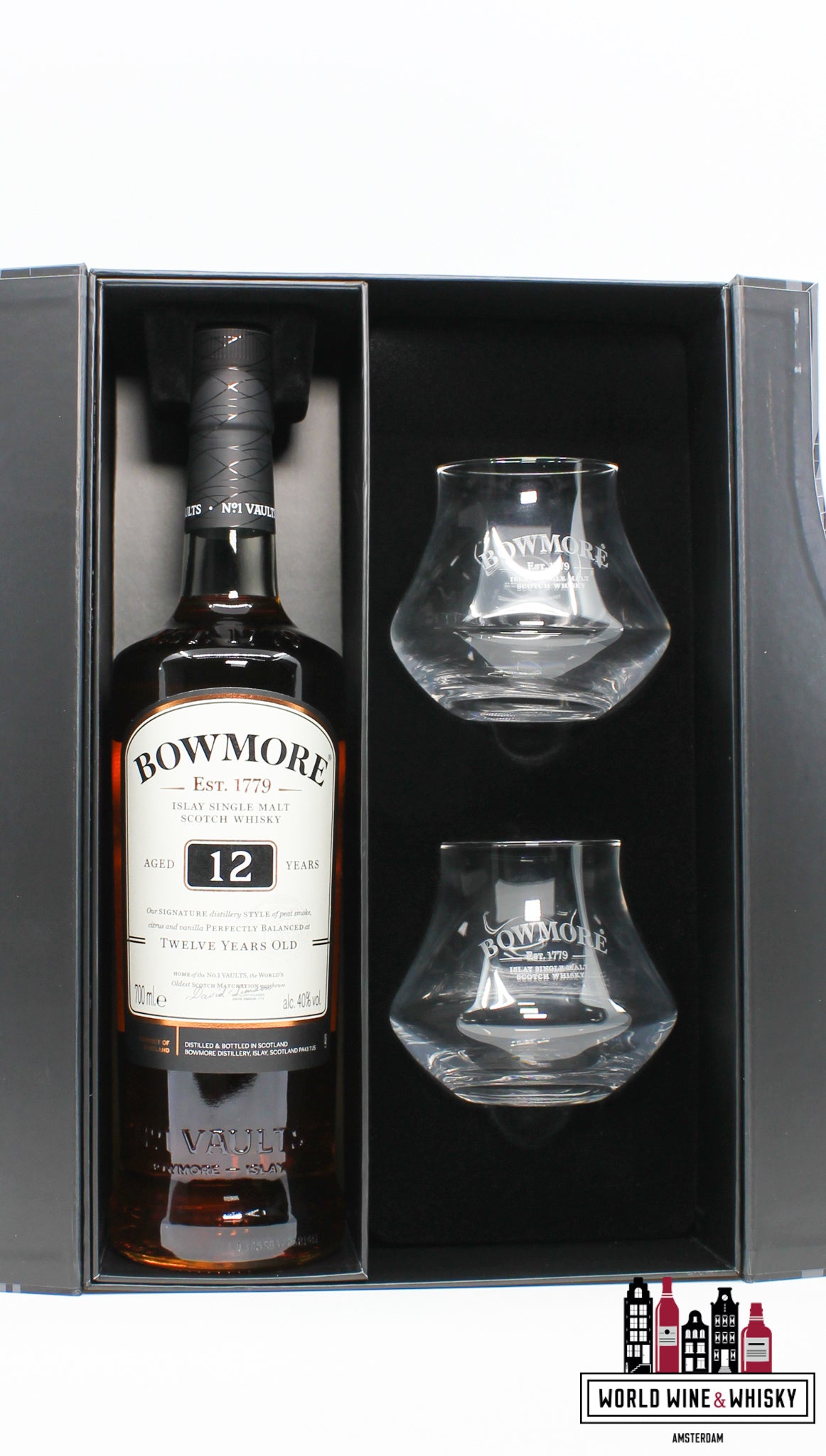 Bowmore 12 Years Old - Giftpack / Giftbox incl. two special edition glasses 40% - WORLD WINE WHISKY 