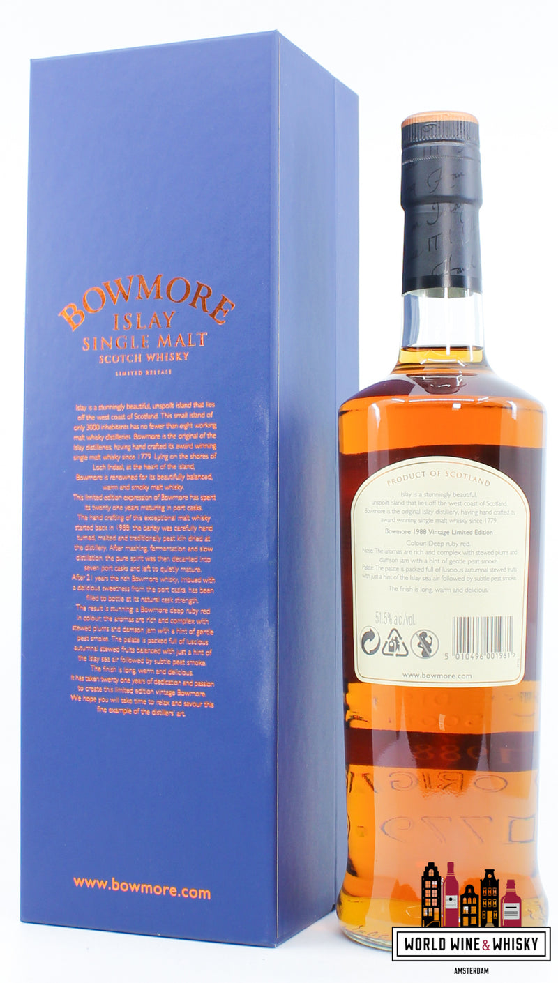 Bowmore 21 Years Old 1988 2009 - Port Cask Matured - Limited Release 51.5% (1 of 7200) - WORLD WINE WHISKY 