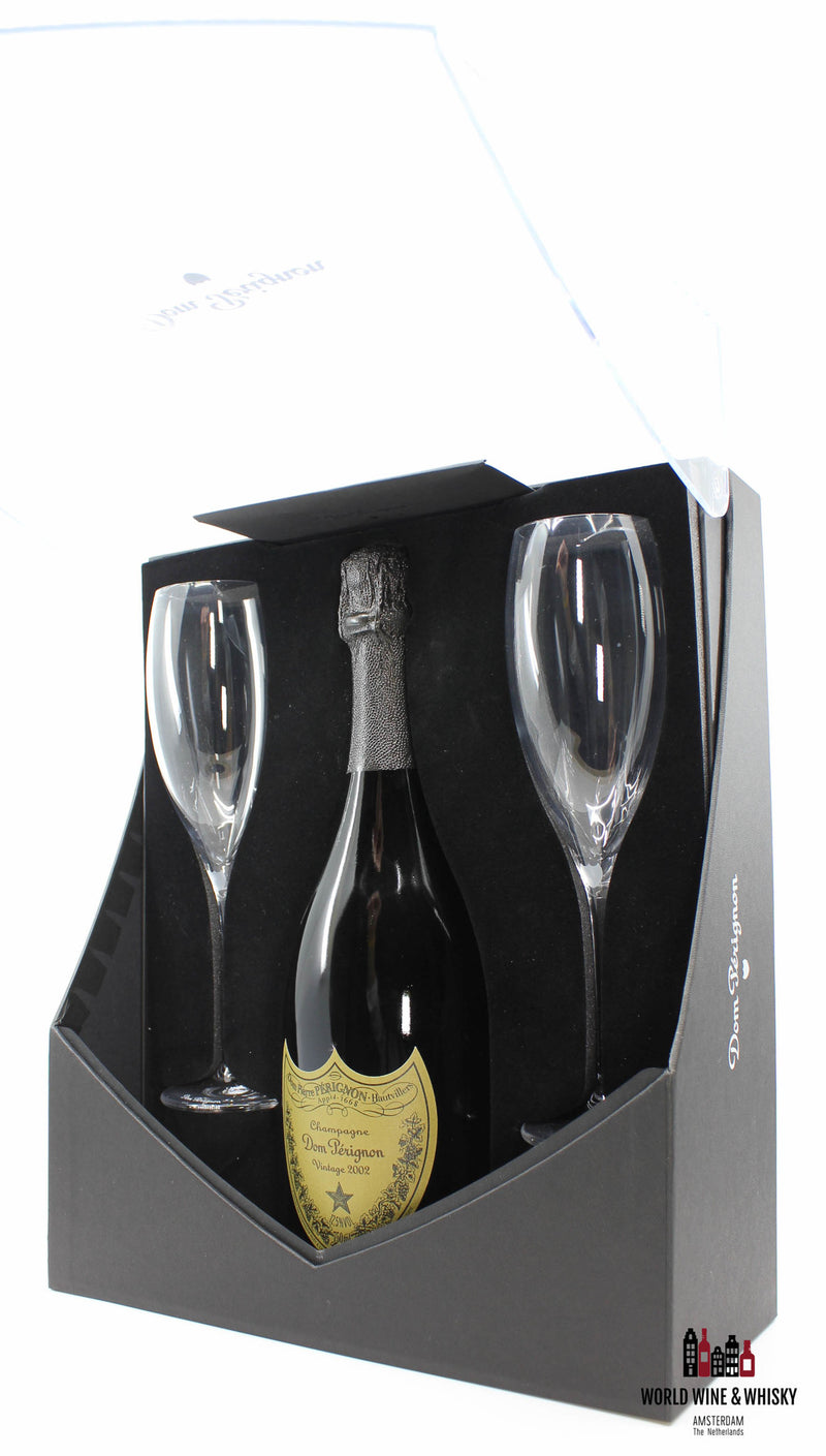 Dom Perignon 2002 Vintage Champagne Brut in giftbox + 2 flutes glasses - WORLD WINE WHISKY 