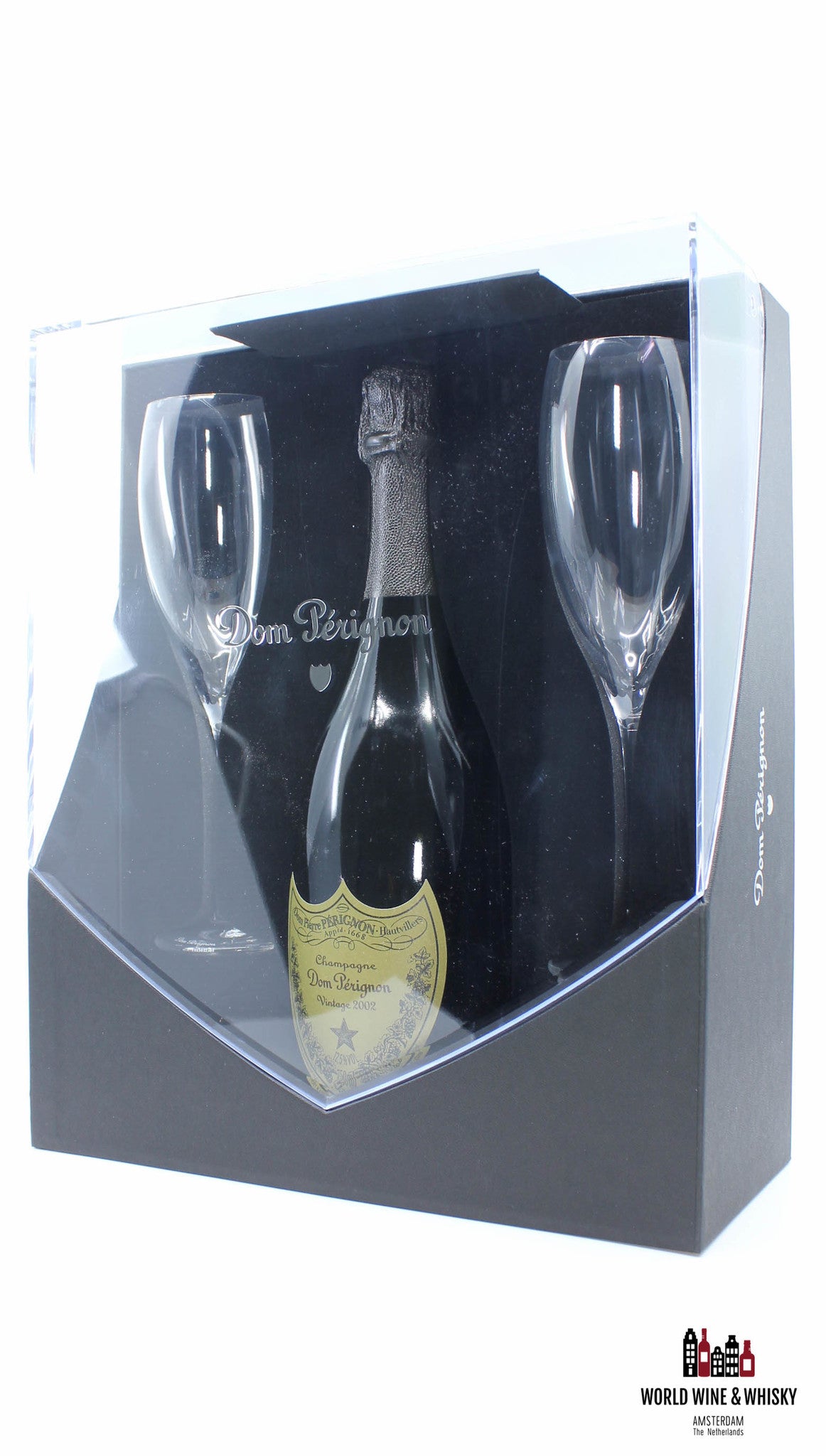 Dom Perignon 2002 Vintage Champagne Brut in giftbox + 2 flutes glasses - WORLD WINE WHISKY 