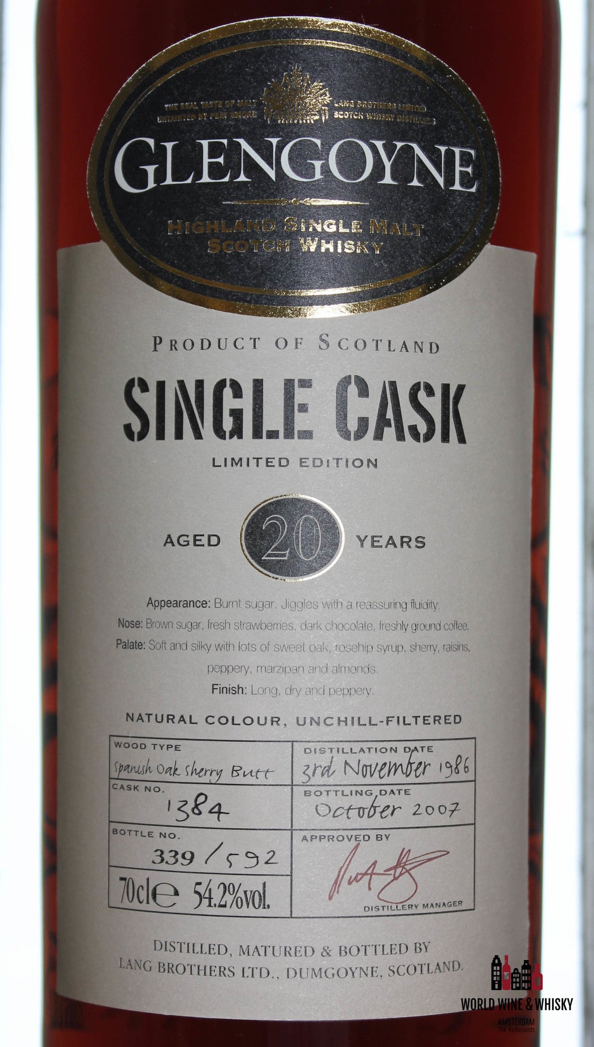 Glengoyne 20 Years Old 1986 2007 Single Cask - Cask 1384 54.2% - WORLD WINE WHISKY 