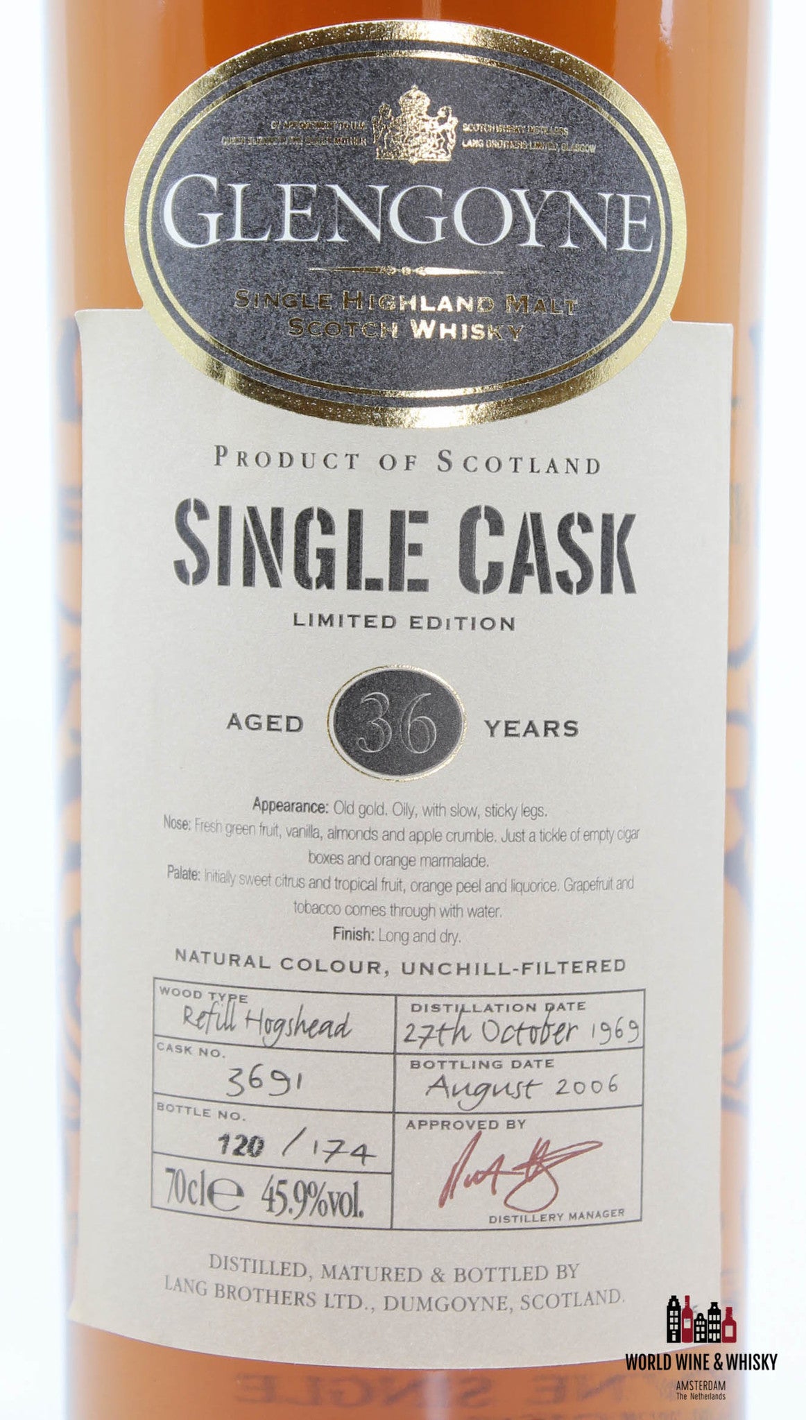 Glengoyne 36 Years Old 1969 2006 Single Cask - Cask 3691 45.9% - WORLD WINE WHISKY 