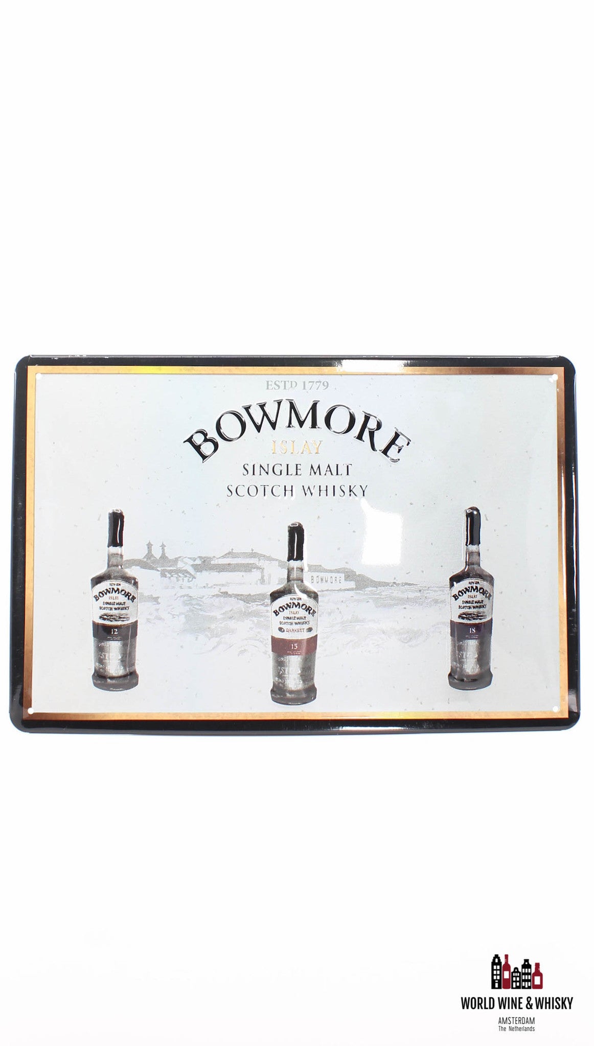 Iron Bowmore billboard plate - Islay Single Malt Scotch Whisky 12, 15, 18 Years Old - WORLD WINE WHISKY 