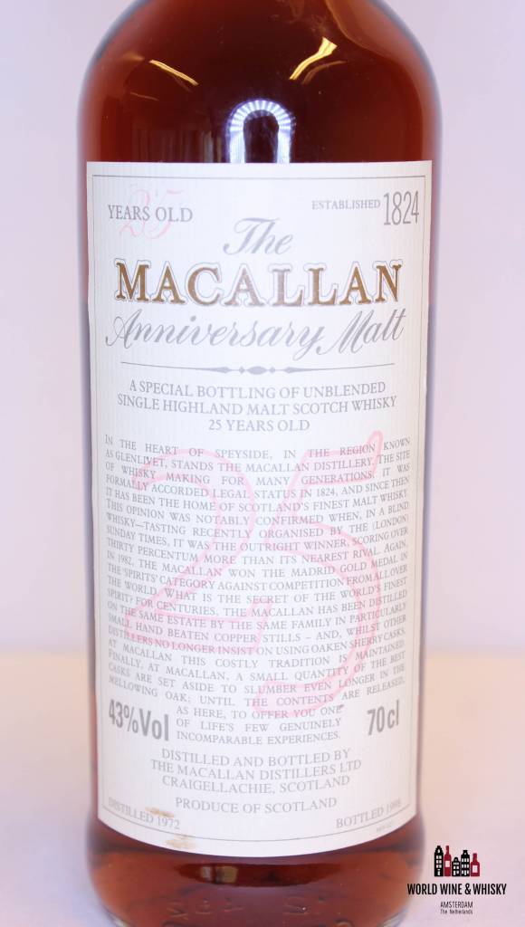 Macallan 25 Years Old 1972 1998 The Anniversary Malt 43% (without wooden box) - WORLD WINE WHISKY 