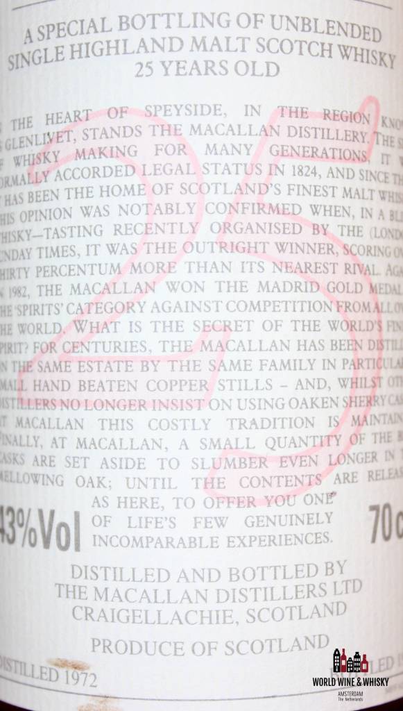Macallan 25 Years Old 1972 1998 The Anniversary Malt 43% (without wooden box) - WORLD WINE WHISKY 