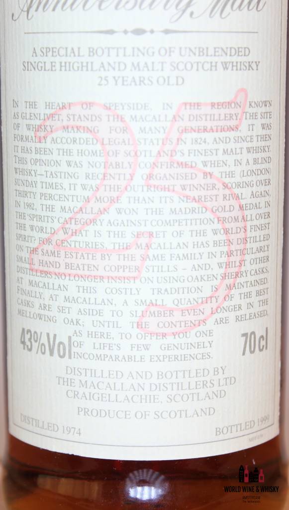 Macallan 25 Years Old 1974 1999 The Anniversary Malt 43% (in OWC) - WORLD WINE WHISKY 