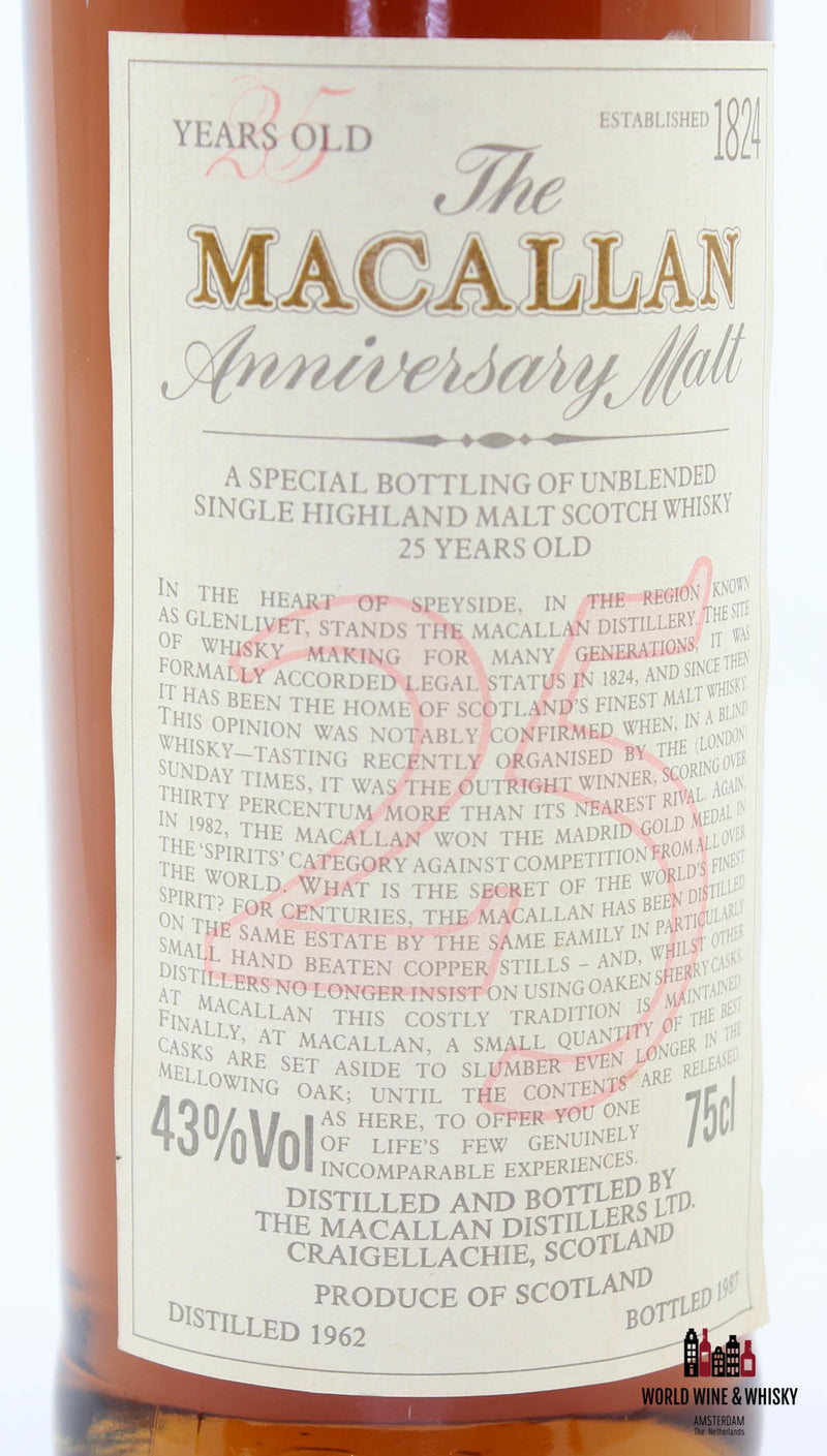 Macallan 25 Years Old Anniversary Malt 1962 1987 43% 750ml - WORLD WINE WHISKY 