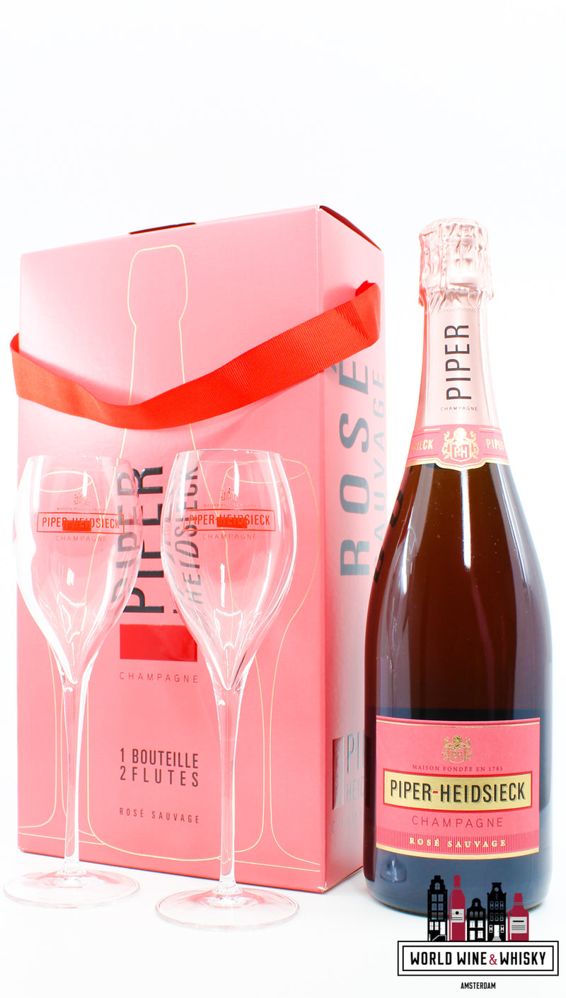 Piper-Heidsieck Champagne Brut Rosé Sauvage - in giftpack with two flutes glases - WORLD WINE WHISKY 