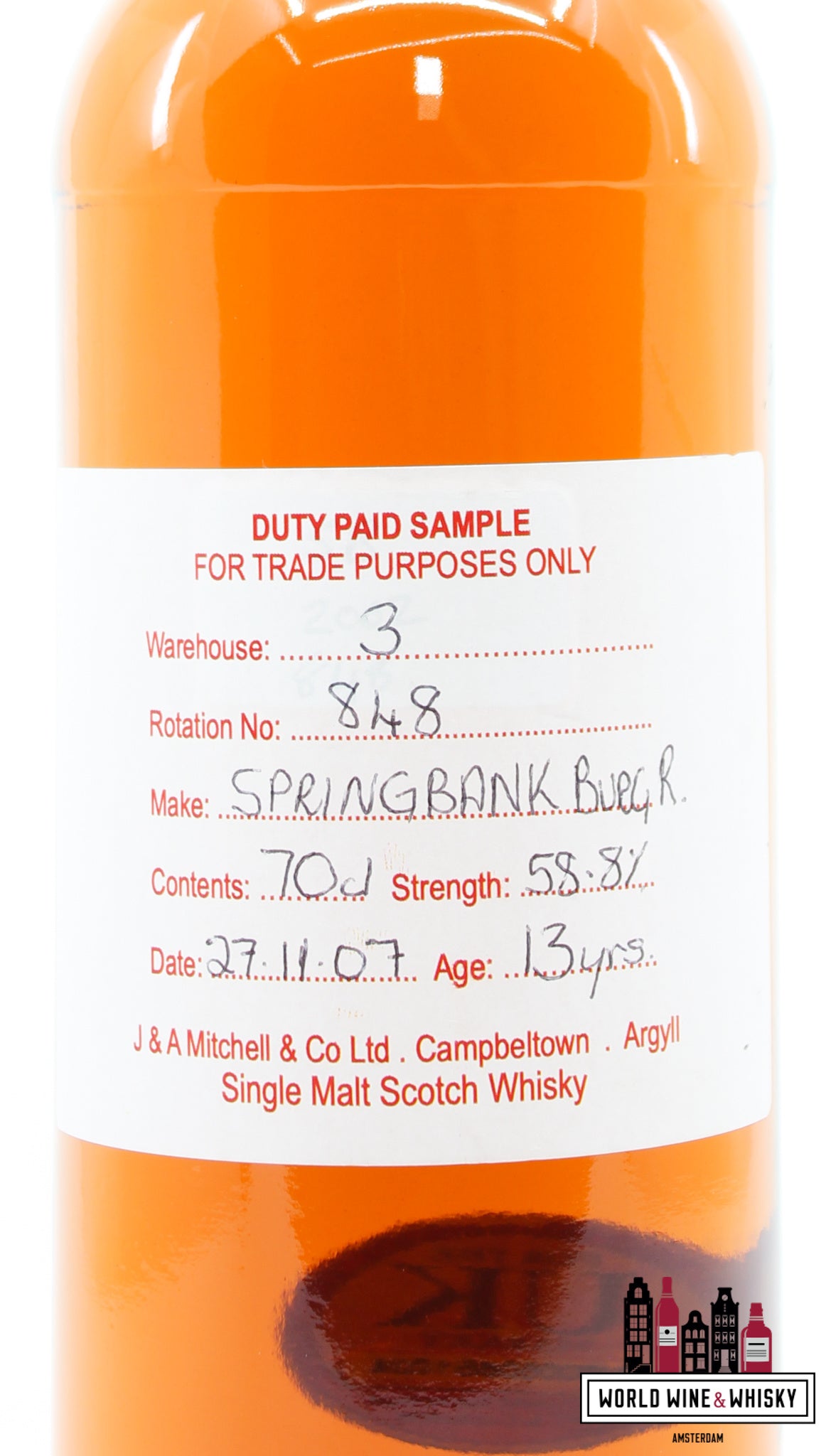 Springbank 13 Years Old 2007 2021 -  Duty Paid Sample - For Trade Purposes Only - Warehouse 3 - Rotation 848 58.8% - WORLD WINE WHISKY 