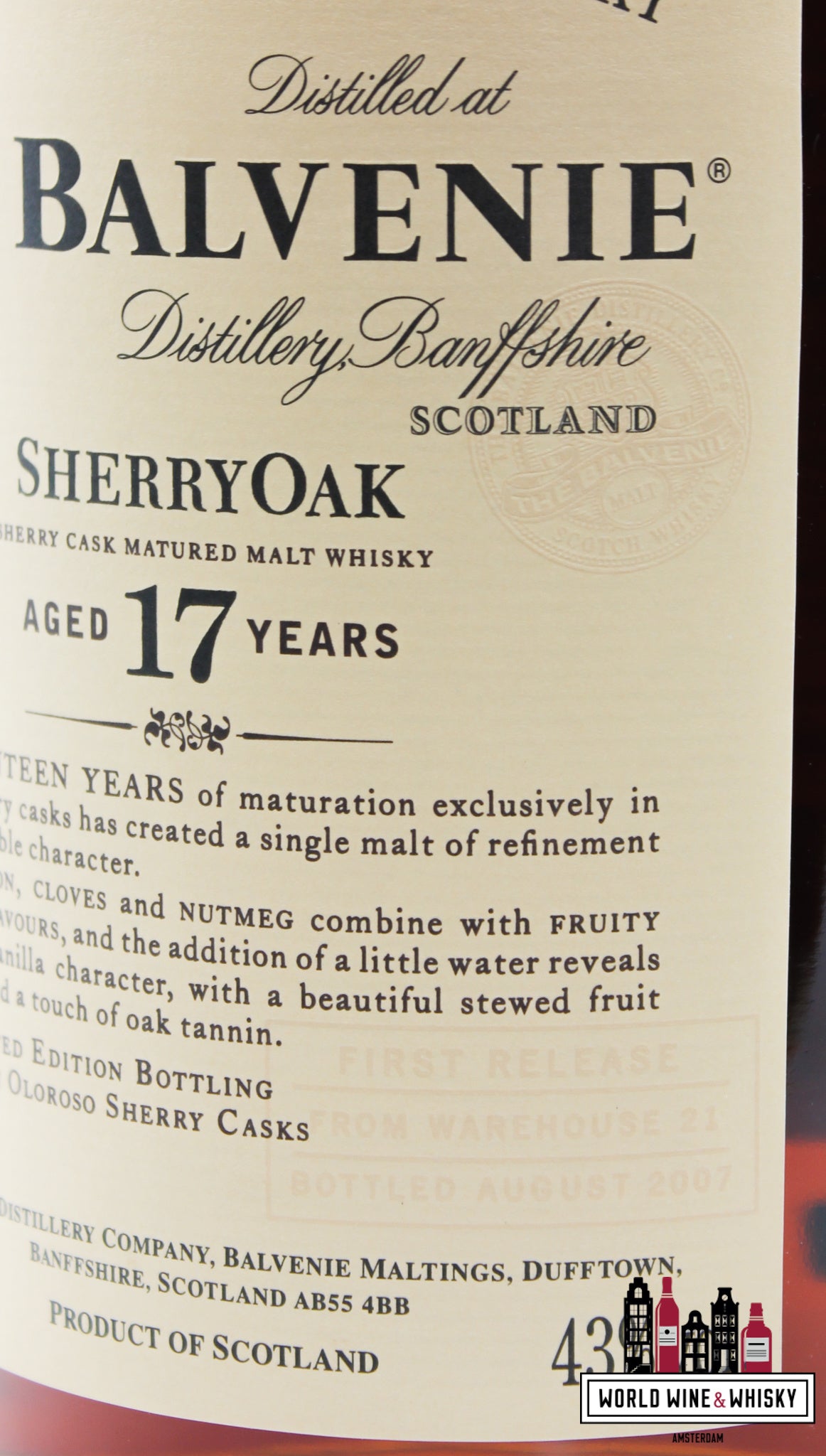 The Balvenie 17 Years Old 2007 - SherryOak - Fist Edition Release - Warehouse 21 43% - WORLD WINE WHISKY 