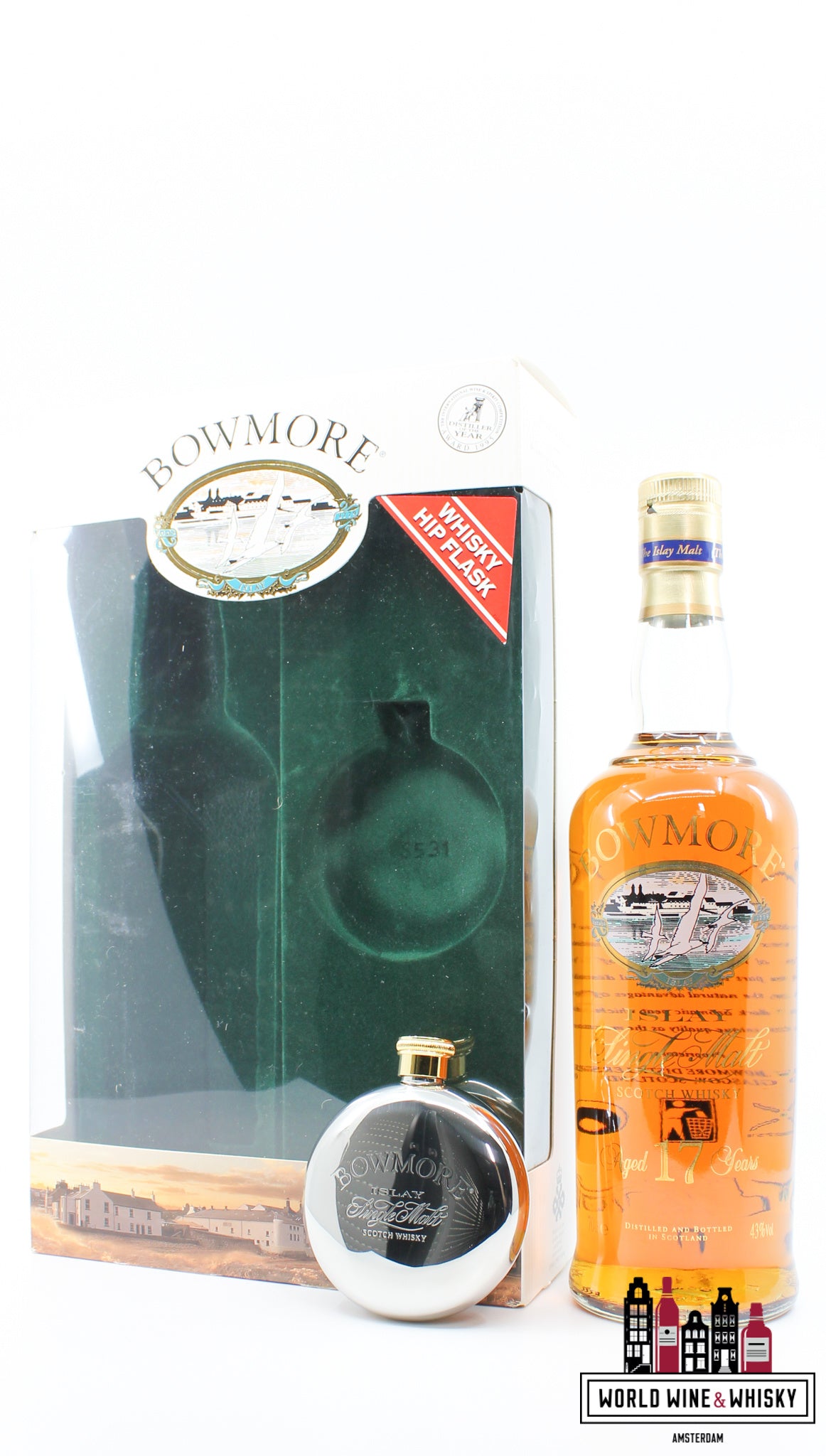 Bowmore 17 Years Old - Whisky Heupfles Cadeauset - Glas Bedrukt Label 43%