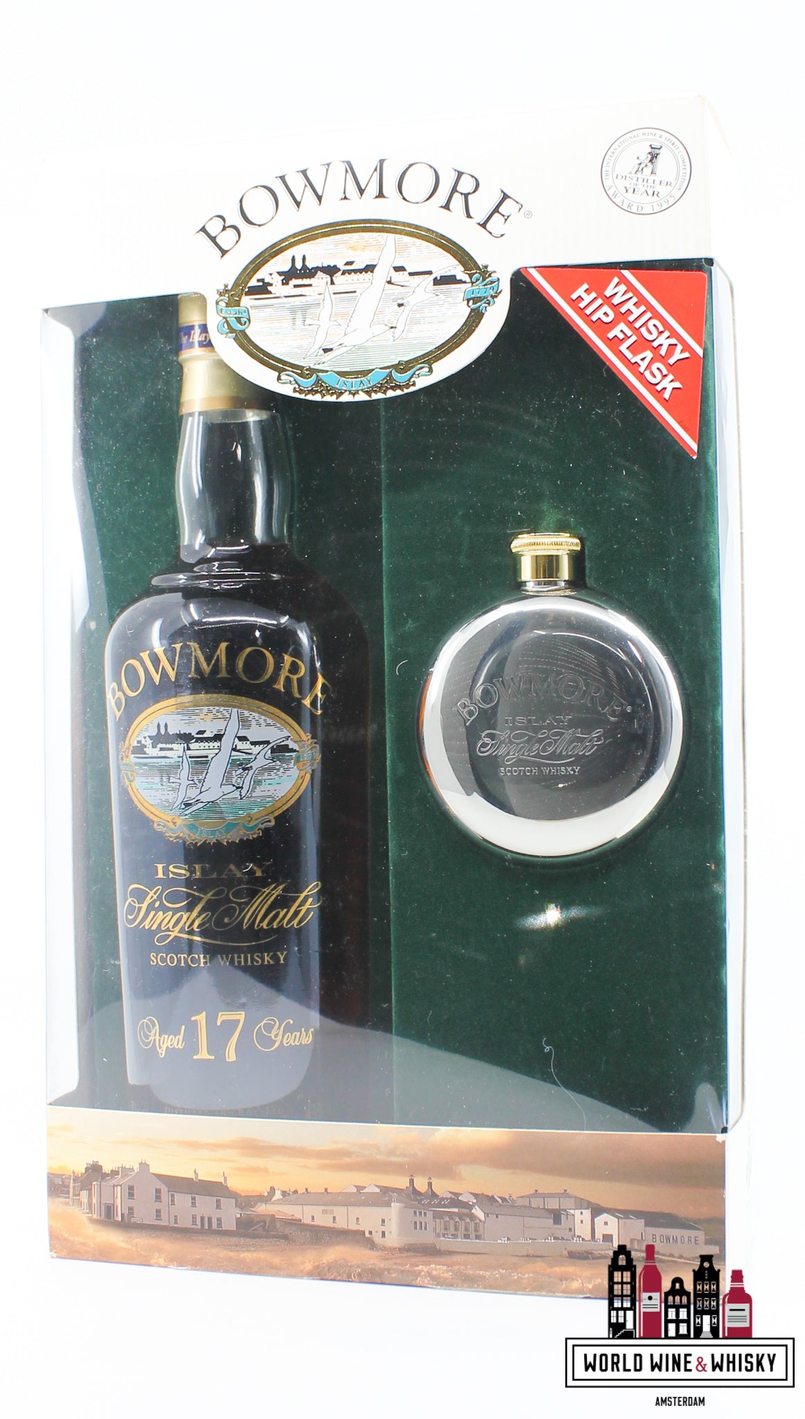 Bowmore 17 Years Old - Whisky Heupfles Cadeauset - Glas Bedrukt Label 43%