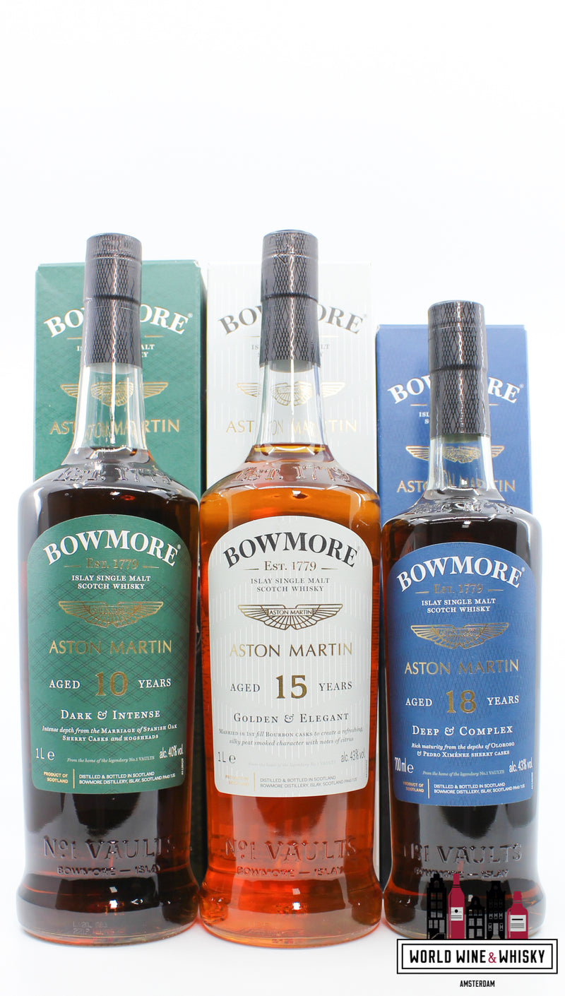 Bowmore 2022 - Aston Martin 10 YO (donker en intens), 15 YO (goud en elegant) en 18 YO (diep en complex) - set van 3 flessen