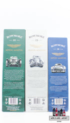 Bowmore 2022 - Aston Martin 10 YO (donker en intens), 15 YO (goud en elegant) en 18 YO (diep en complex) - set van 3 flessen