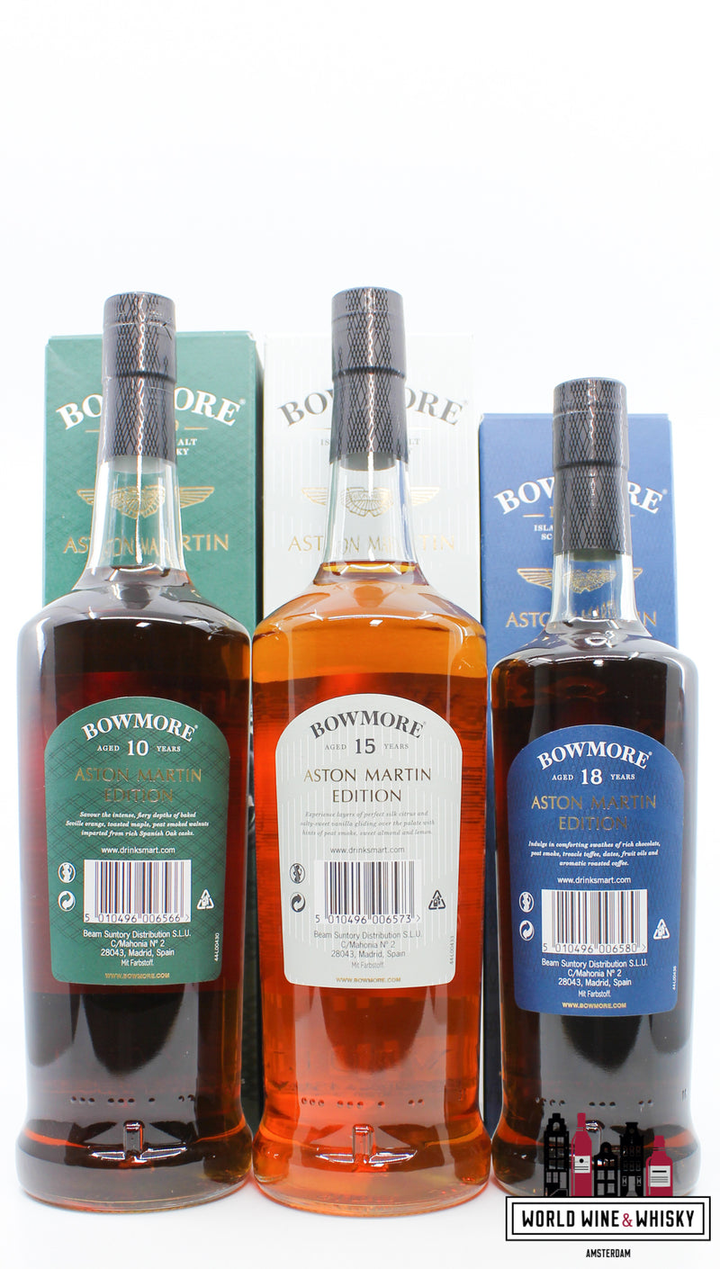 Bowmore 2022 - Aston Martin 10 YO (donker en intens), 15 YO (goud en elegant) en 18 YO (diep en complex) - set van 3 flessen