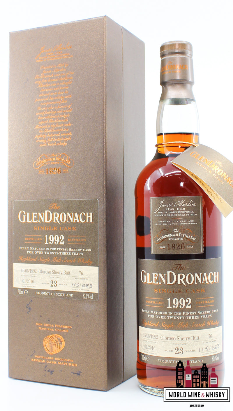 Glendronach 23 jaar oud 1992 2016 - Cask 76 - Single Cask 52,0% (1 van 683)