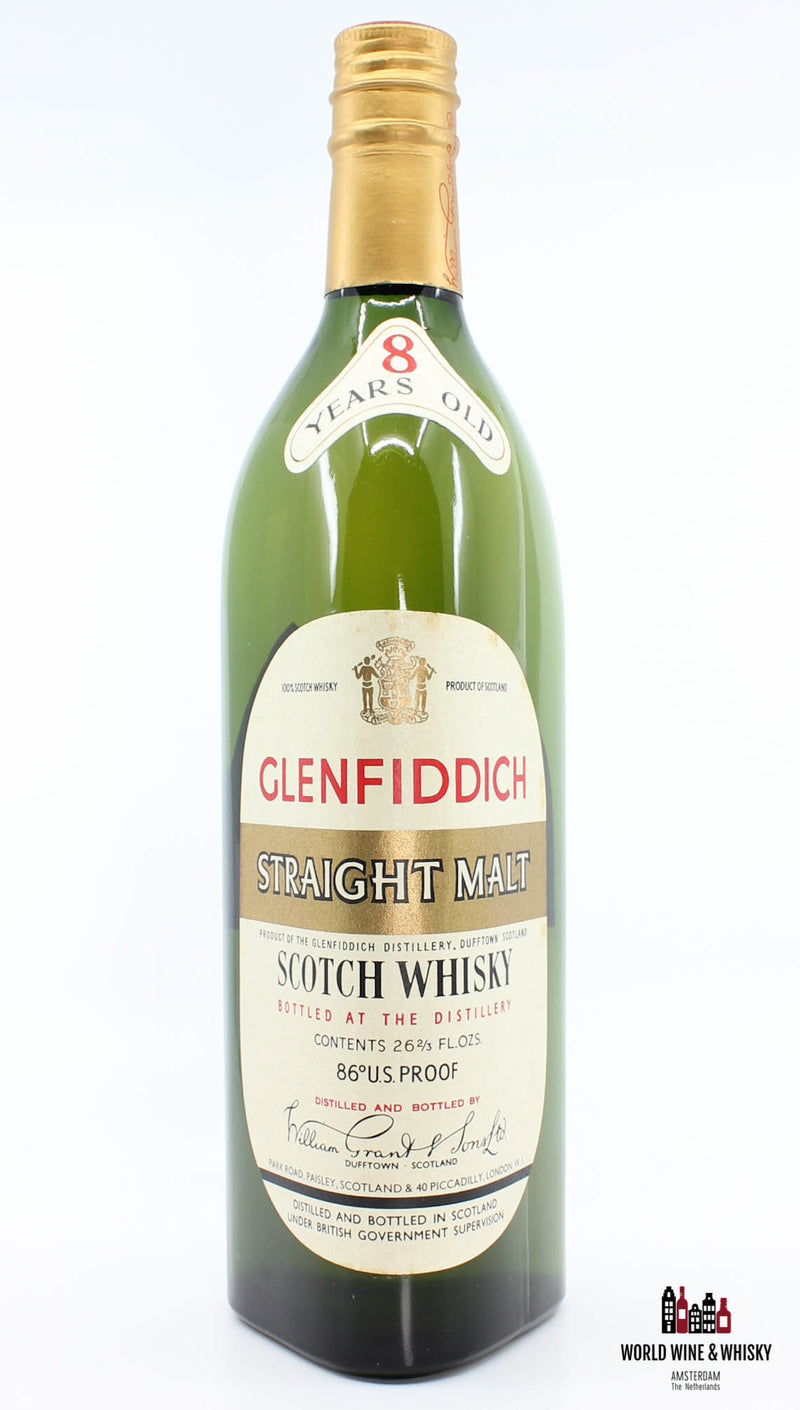 Glenfiddich Straight Malt 8 jaar oud - Gebotteld in 1960 - 86 US Proof (8 YO-etiket in de nek)