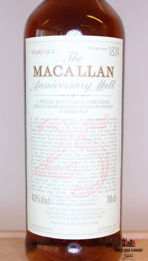 Macallan 25 jaar oud 1974 1999 The Anniversary Malt 43% (in OWC)