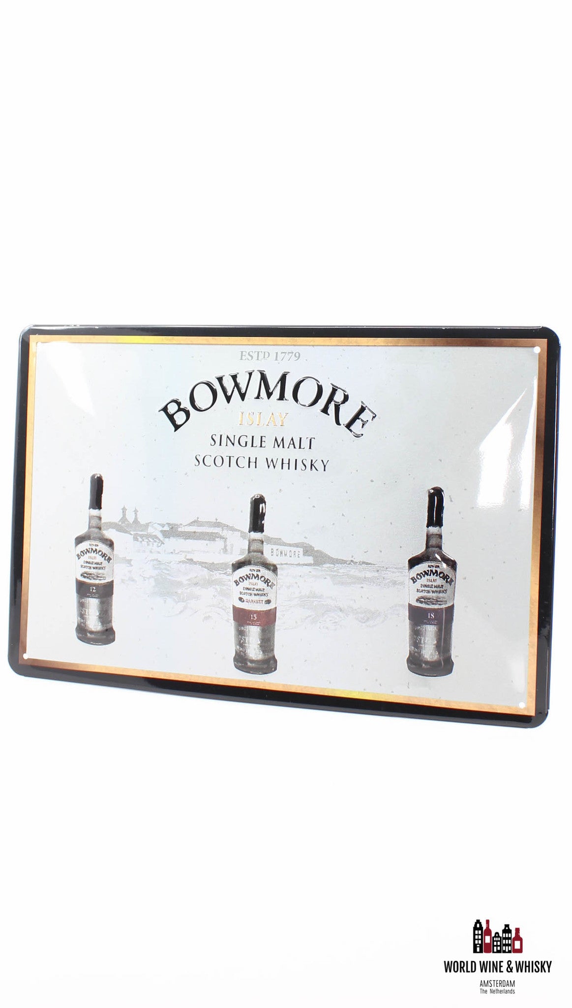 Iron Bowmore reclamebord - Islay Single Malt Scotch Whisky 12, 15, 18 jaar oud