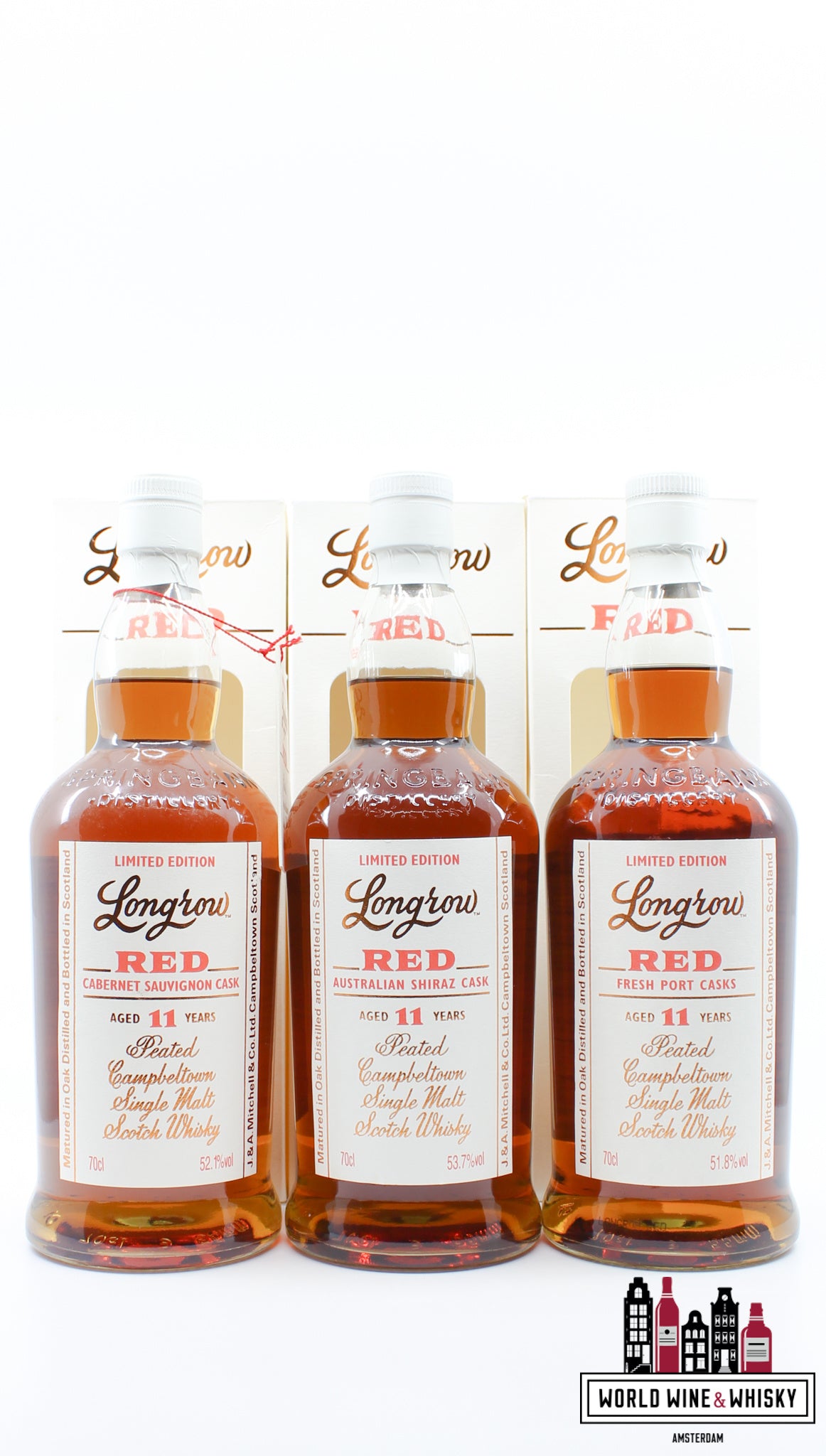 Longrow (Springbank) Red Series 2012-2020 (1e, 2e, 3e, 4e, 5e, 6e, 7e, 8e, 9e) - 9 flessen