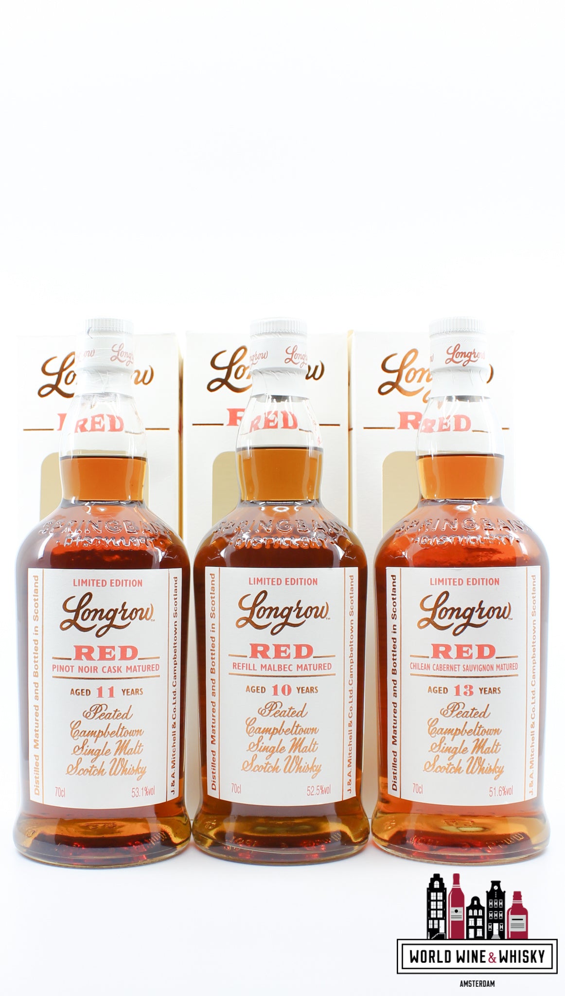 Longrow (Springbank) Red Series 2012-2020 (1e, 2e, 3e, 4e, 5e, 6e, 7e, 8e, 9e) - 9 flessen