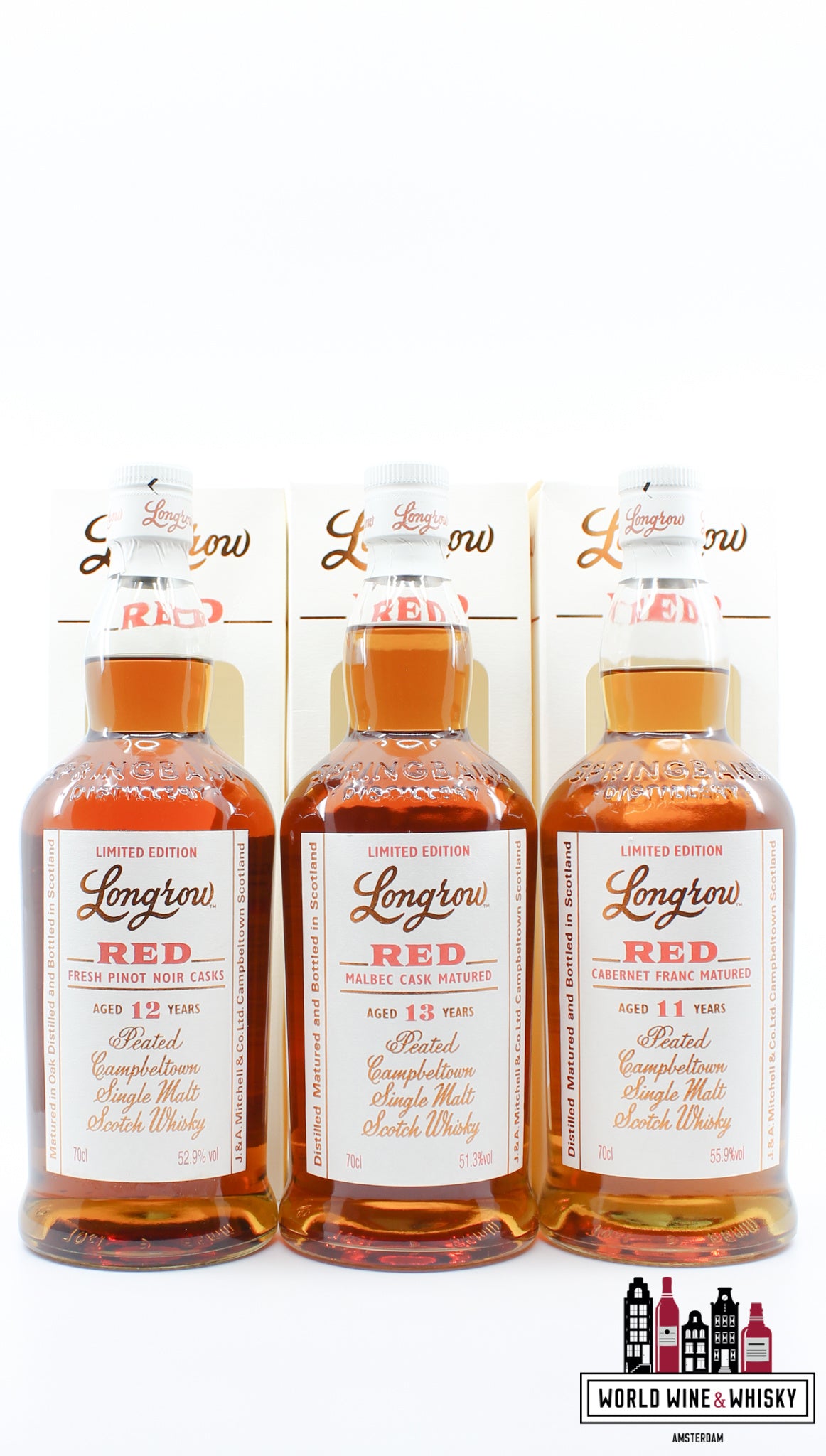 Longrow (Springbank) Red Series 2012-2020 (1e, 2e, 3e, 4e, 5e, 6e, 7e, 8e, 9e) - 9 flessen