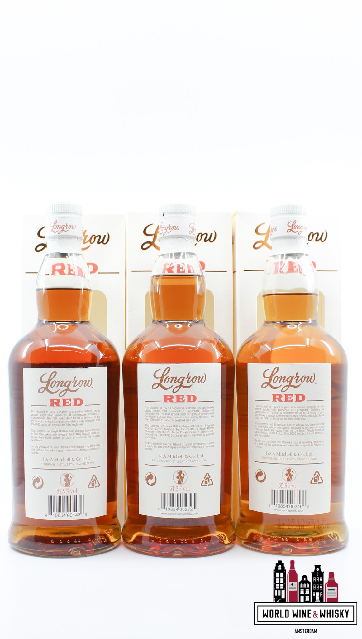 Longrow (Springbank) Red Series 2012-2020 (1e, 2e, 3e, 4e, 5e, 6e, 7e, 8e, 9e) - 9 flessen