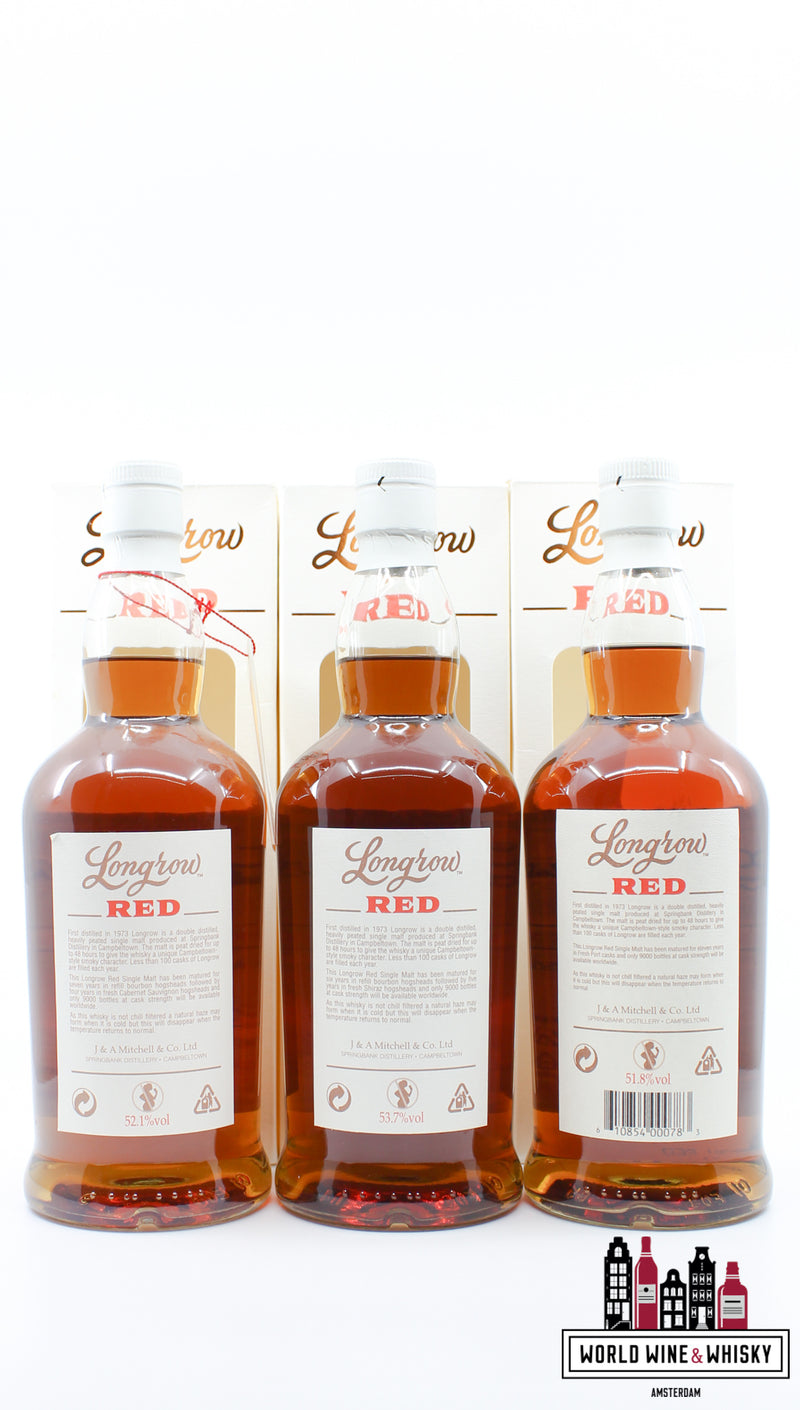 Longrow (Springbank) Red Series 2012-2020 (1e, 2e, 3e, 4e, 5e, 6e, 7e, 8e, 9e) - 9 flessen
