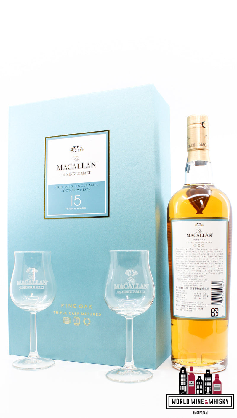 Macallan 15 jaar oud - Fine Oak - Triple Cask Matured 43% (geschenkset uit Taiwan)