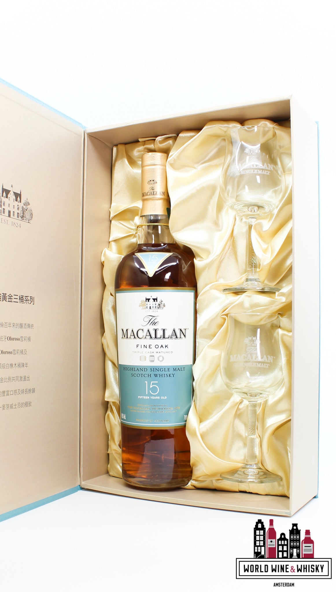 Macallan 15 jaar oud - Fine Oak - Triple Cask Matured 43% (geschenkset uit Taiwan)