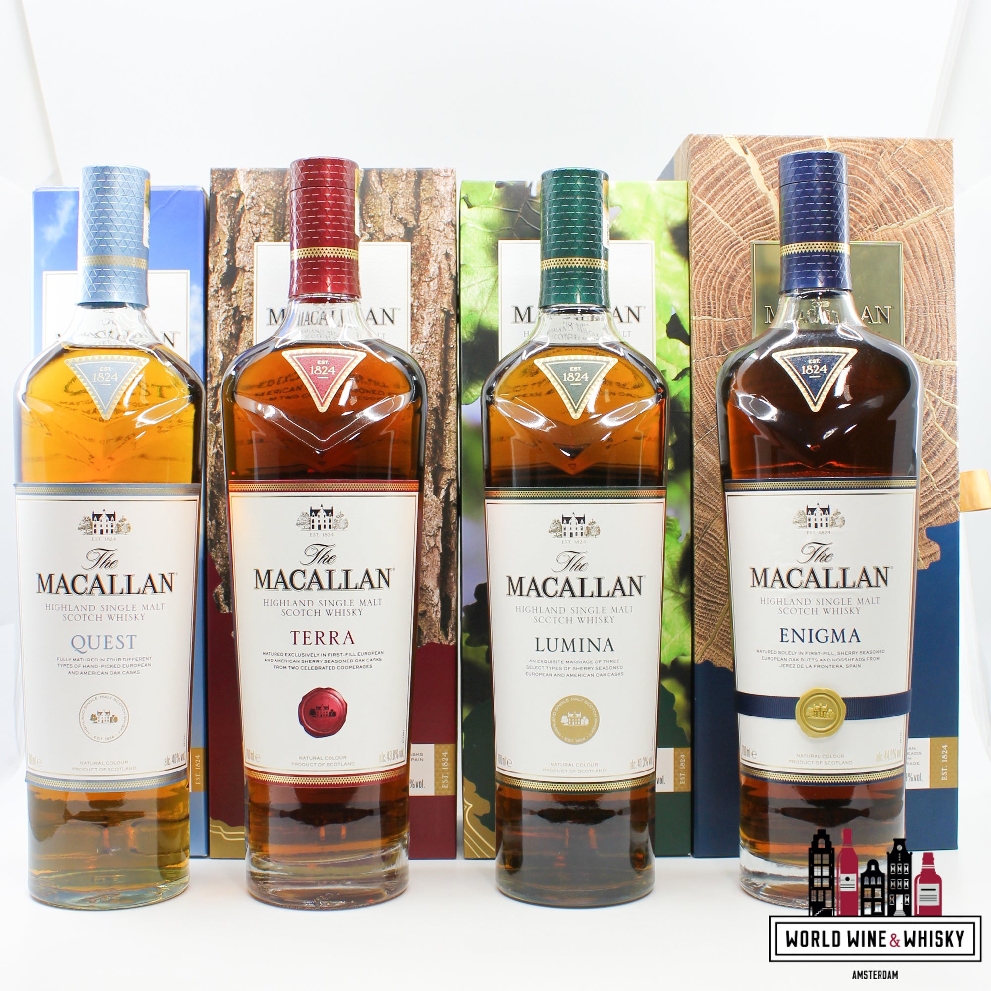 Macallan Quest Collection Set 2017: Quest, Terra, Lumina &amp; Enigma - exclusief voor Travel Retail (complete set van 4 flessen)