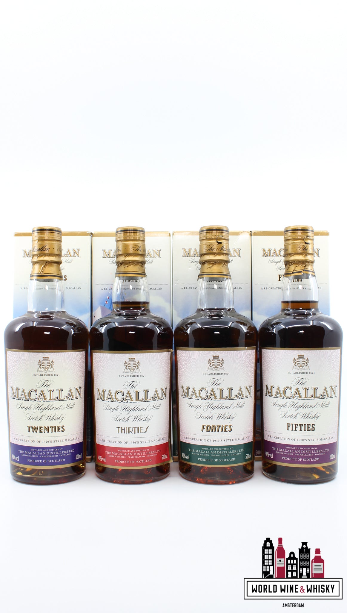 Macallan Travel Series set: jaren 1920 (twintig), jaren 1930 (dertig), jaren 1940 (veertig), jaren 1950 (vijftig) 40% (volledige set)