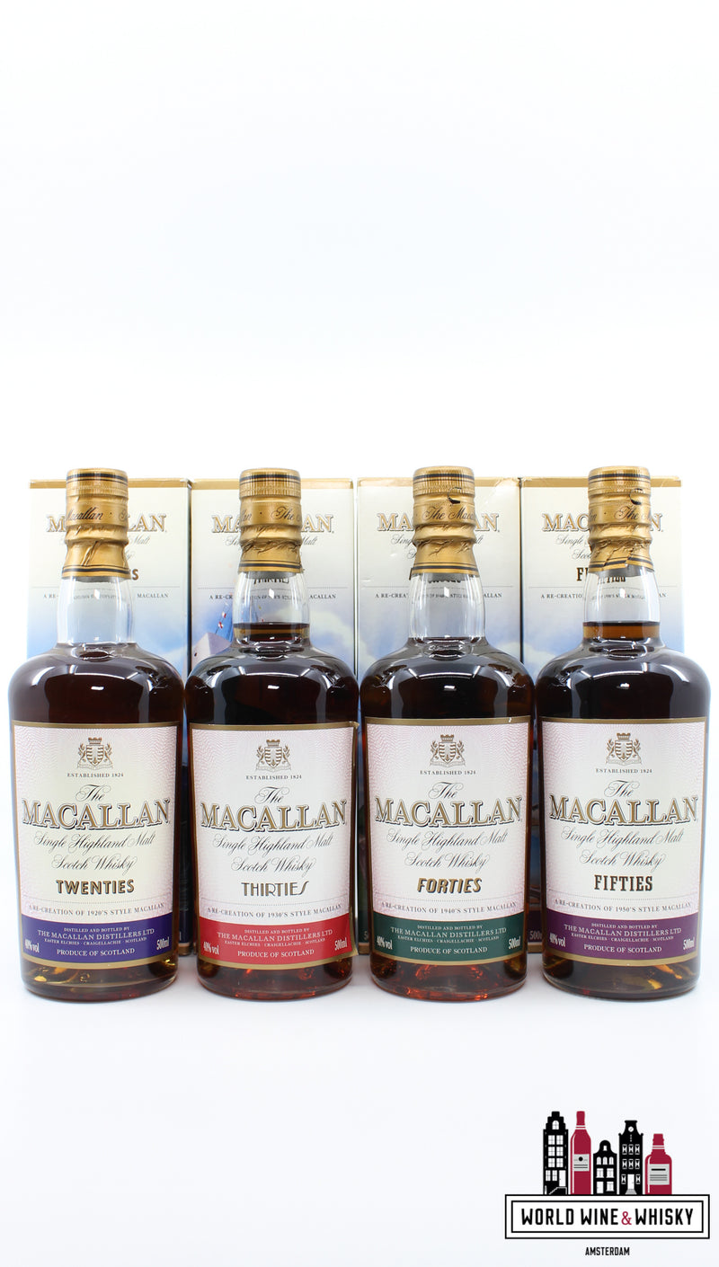Macallan Travel Series set: jaren 1920 (twintig), jaren 1930 (dertig), jaren 1940 (veertig), jaren 1950 (vijftig) 40% (volledige set)