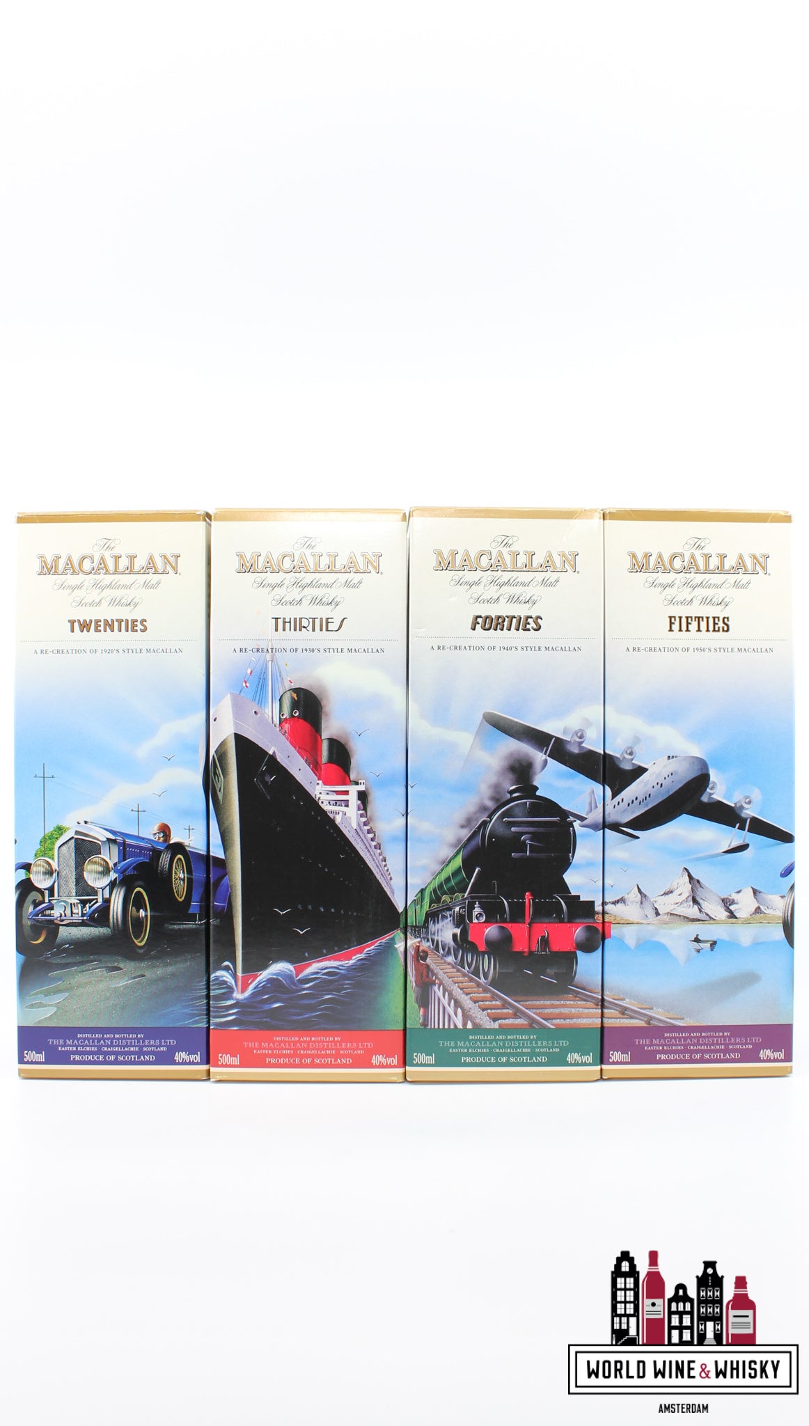 Macallan Travel Series set: jaren 1920 (twintig), jaren 1930 (dertig), jaren 1940 (veertig), jaren 1950 (vijftig) 40% (volledige set)