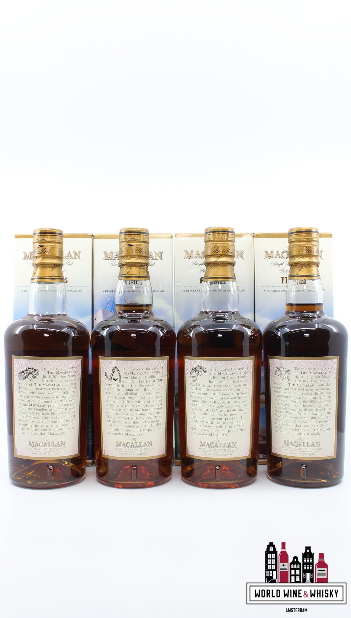 Macallan Travel Series set: jaren 1920 (twintig), jaren 1930 (dertig), jaren 1940 (veertig), jaren 1950 (vijftig) 40% (volledige set)