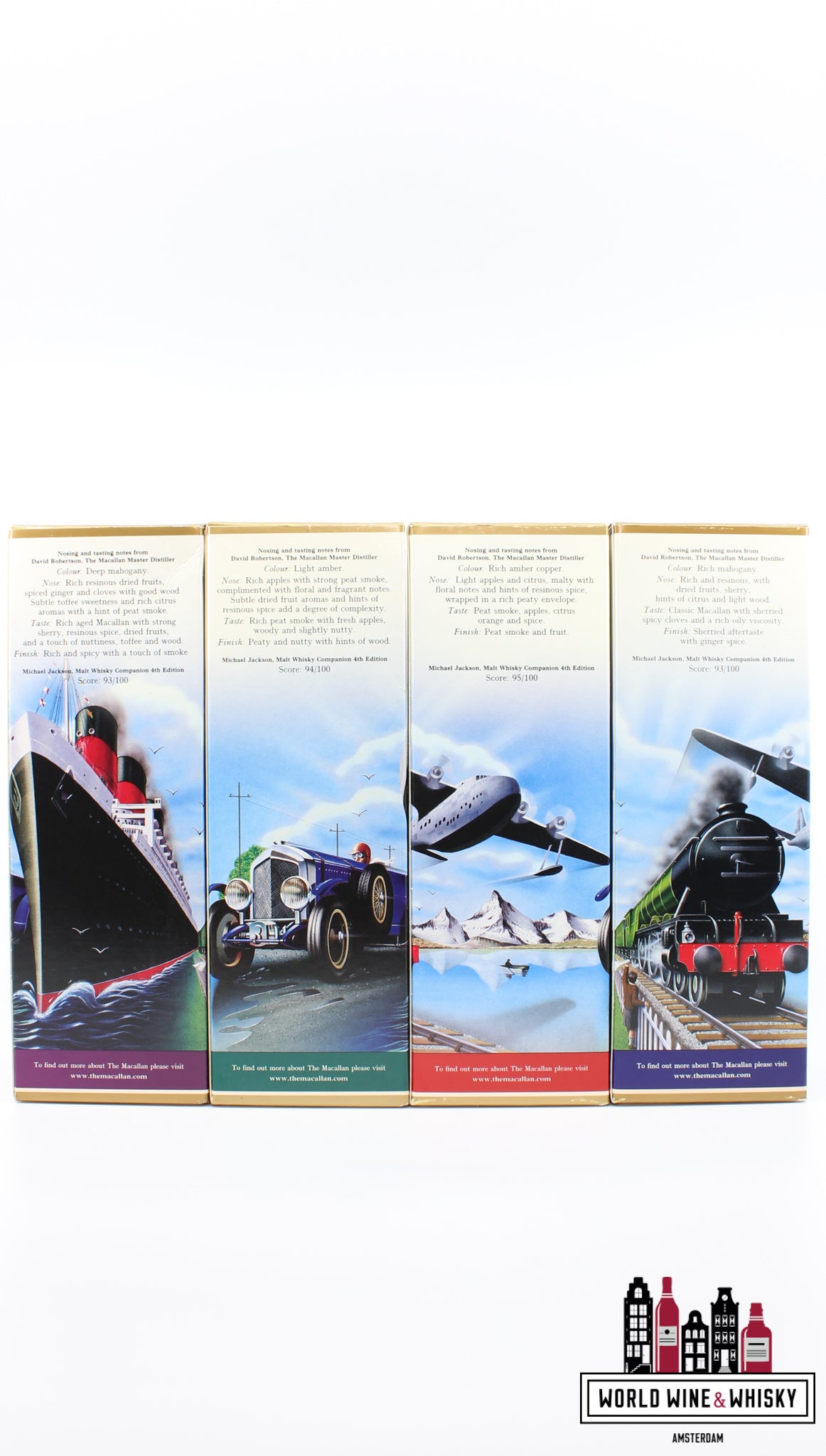 Macallan Travel Series set: jaren 1920 (twintig), jaren 1930 (dertig), jaren 1940 (veertig), jaren 1950 (vijftig) 40% (volledige set)