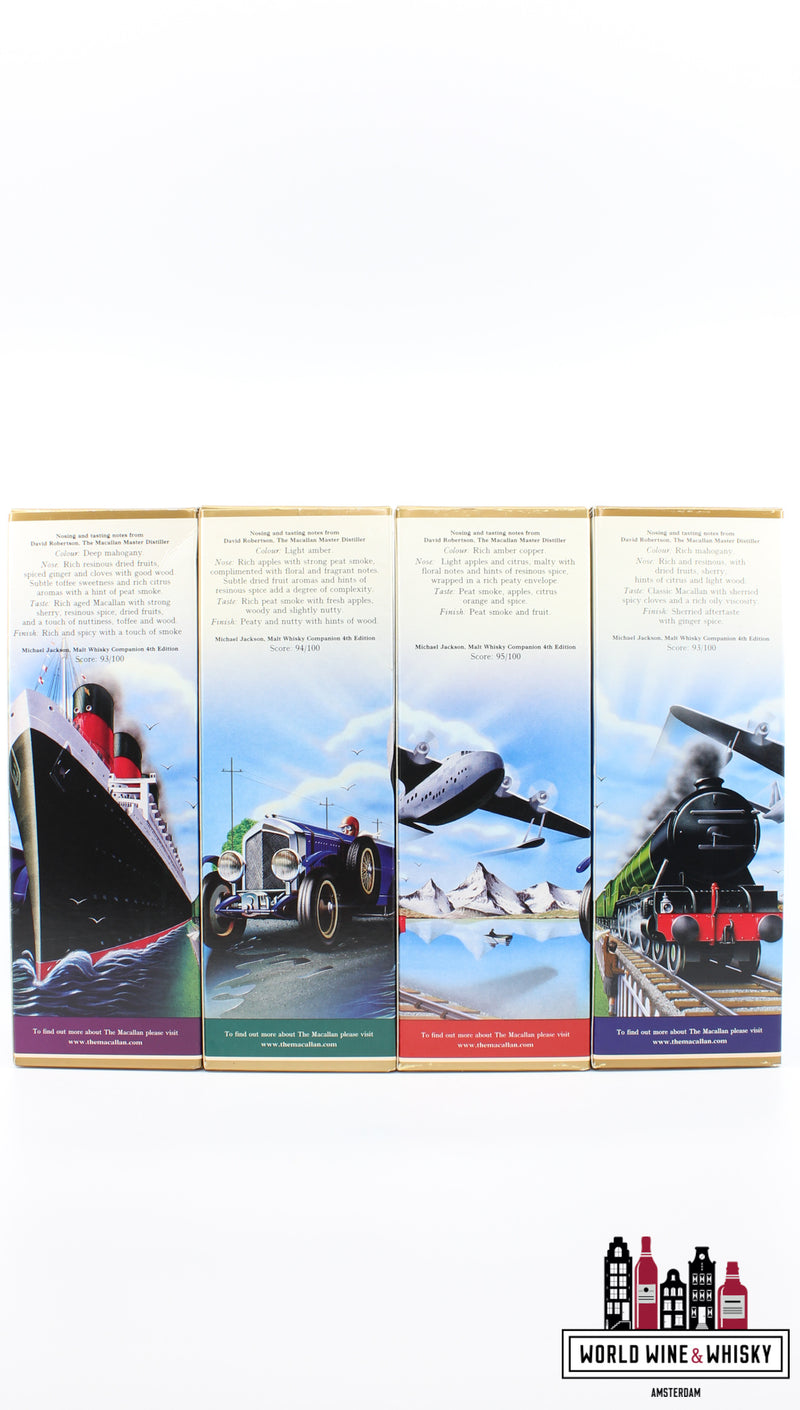 Macallan Travel Series set: jaren 1920 (twintig), jaren 1930 (dertig), jaren 1940 (veertig), jaren 1950 (vijftig) 40% (volledige set)
