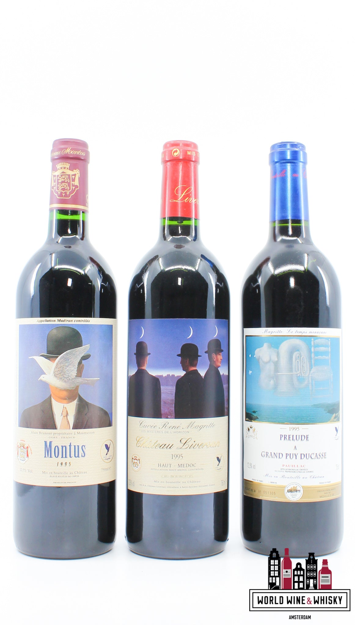 René Magritte 1995: 2x Chateau Montus 1995, 2x Chateau Liversan 1995 &amp; 2x Prélude à Grand Puy Ducasse 1995 (6 flessen in OWC)