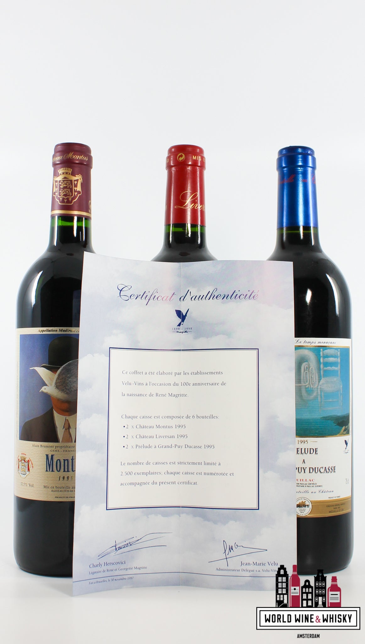 René Magritte 1995: 2x Chateau Montus 1995, 2x Chateau Liversan 1995 &amp; 2x Prélude à Grand Puy Ducasse 1995 (6 flessen in OWC)